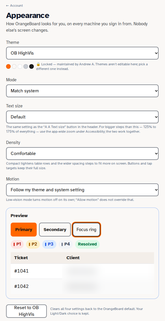 The Appearance settings page with live preview