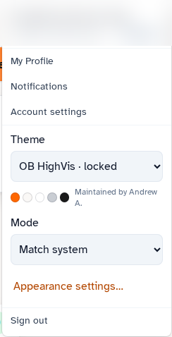 Theme and Mode in the OrangeBoard user menu